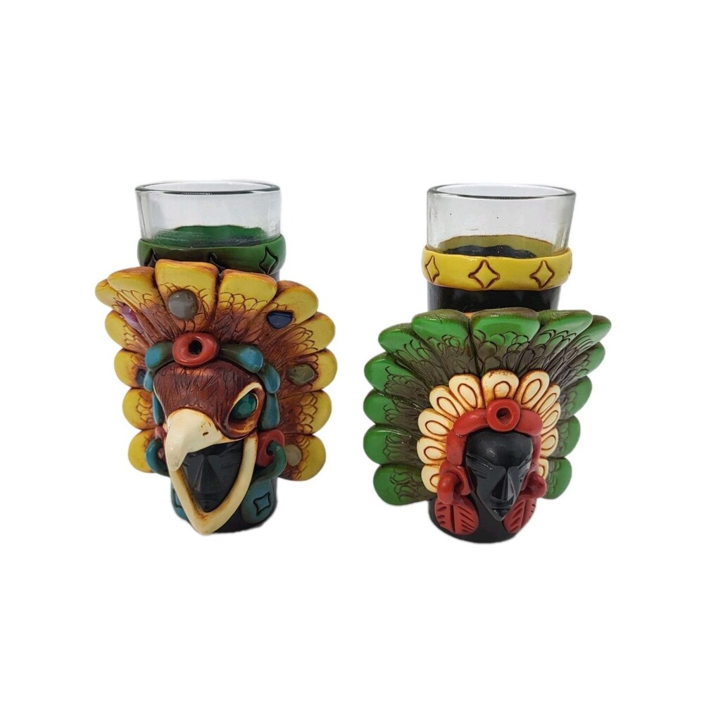 Set of 2 Teotihuacán Aztec Mayan Warrior Headdress Shot Glasses Mexican Folk Art